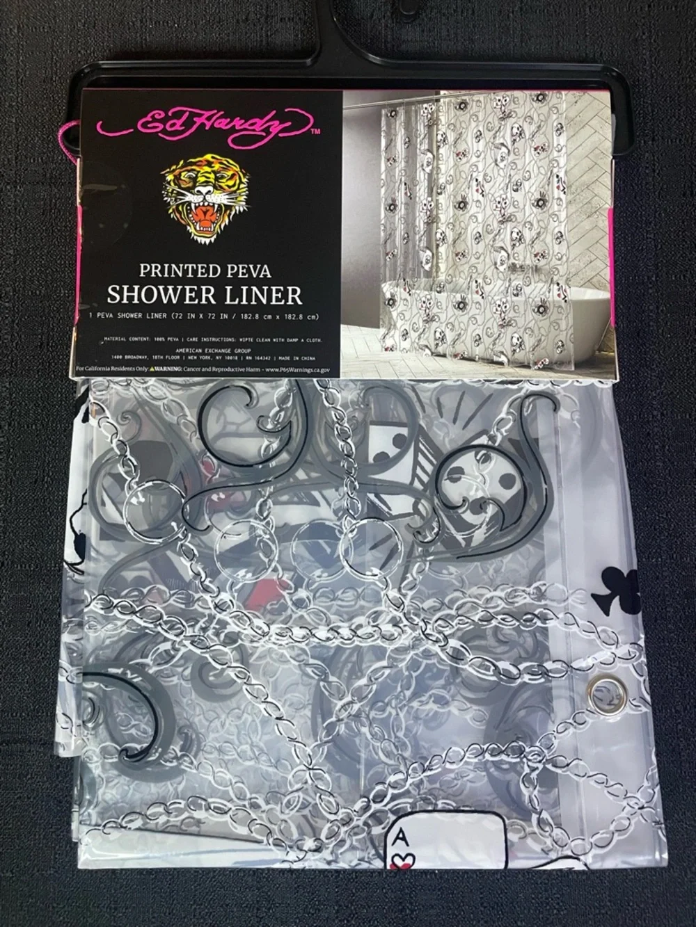 Ed Hardy LUCKY ACES Clear Shower Curtain Liner Cards 8-Ball Dice PEVA 72x72 NWT